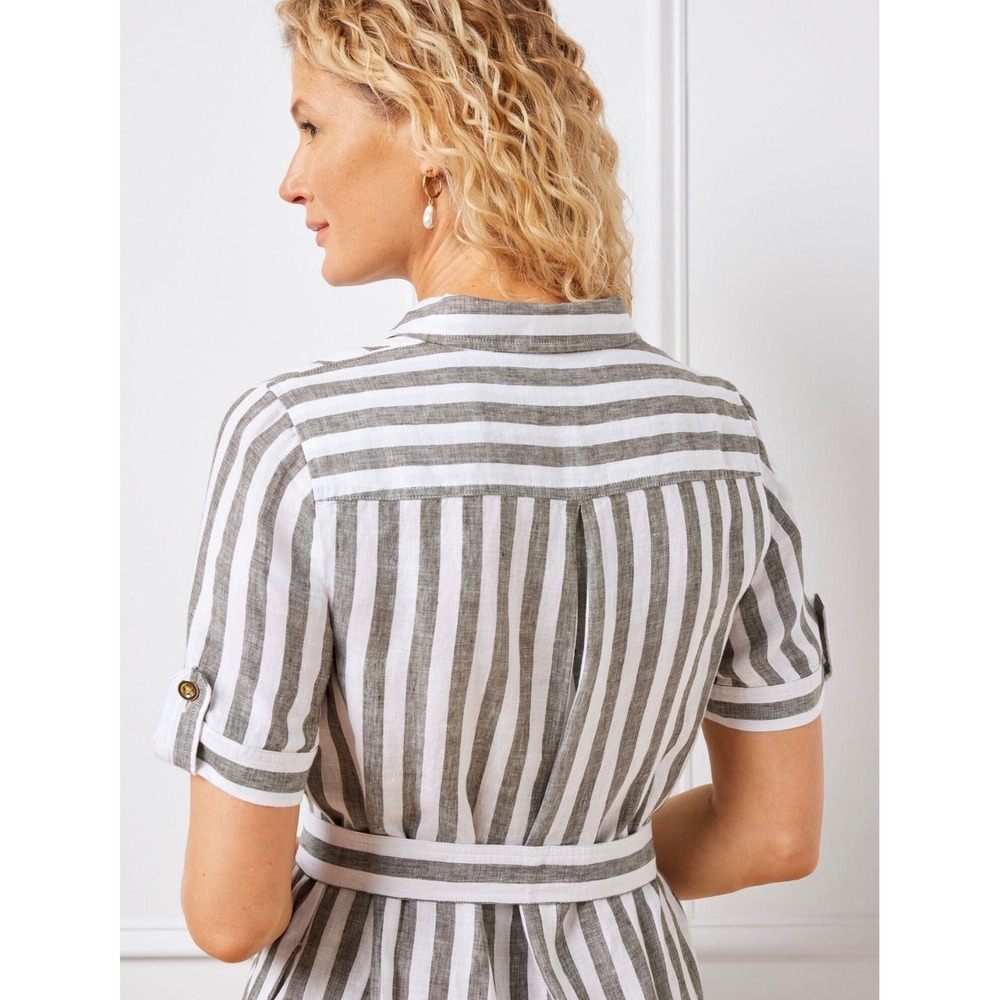 Talbots Linen Utility Shirt Dress Lawn Stripe Belted Khaki White Size 2P Petite - Picture 2 of 11